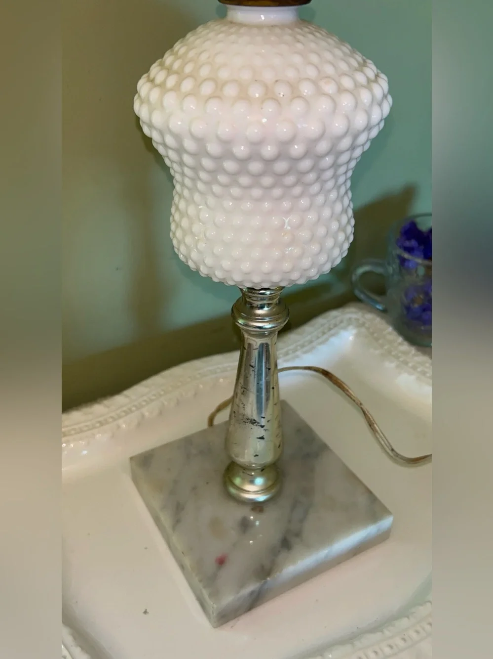 Vintage Hurricane Style Hobnail Milk Glass Table Lamp with a Marble Base